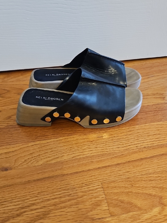 Kelsi Dagger Black Leather Slide Clogs with Gold Stud Accents